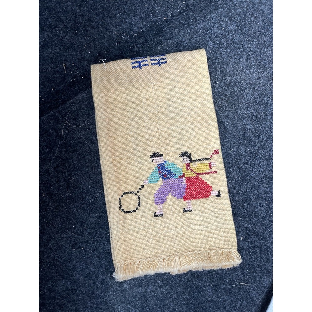 Vintage 2 Cross Stitch Fringed Figural Tea Towels, People Theme, Beige/White